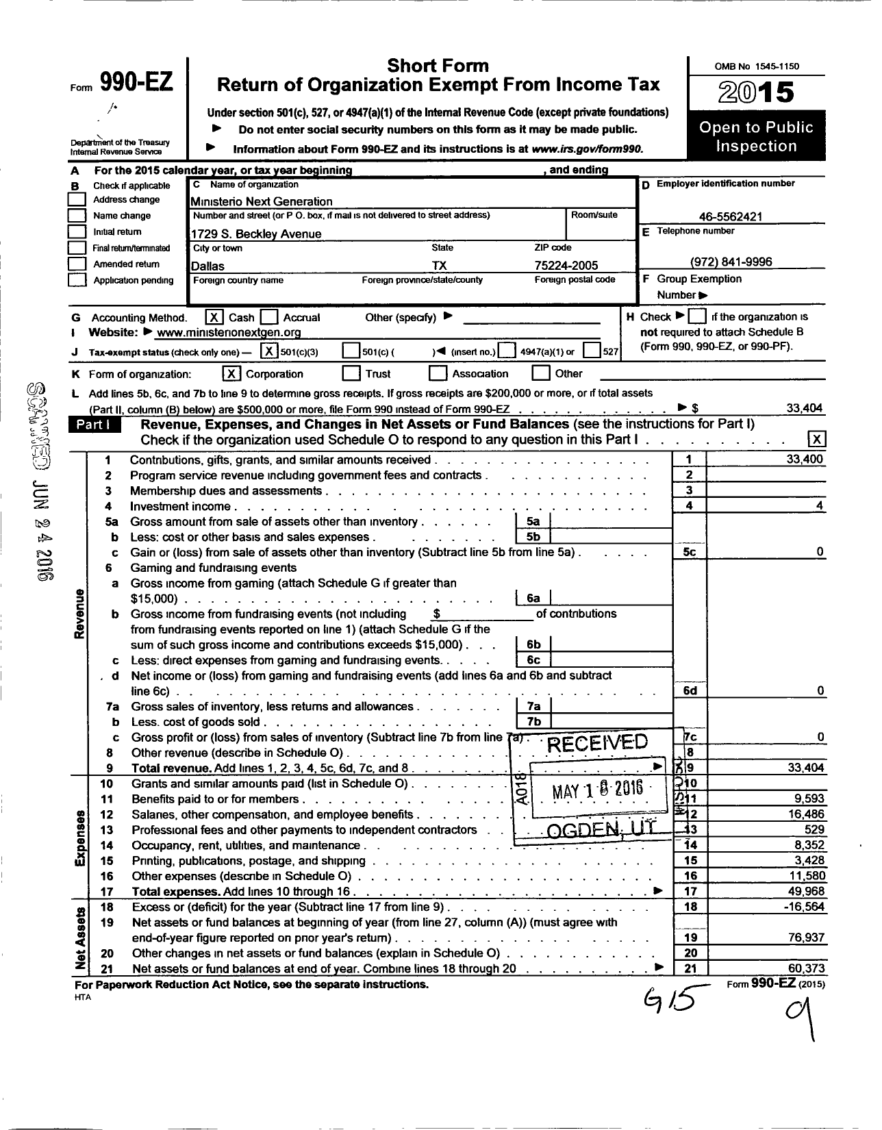 Image of first page of 2015 Form 990EZ for Ministerio Next Generation