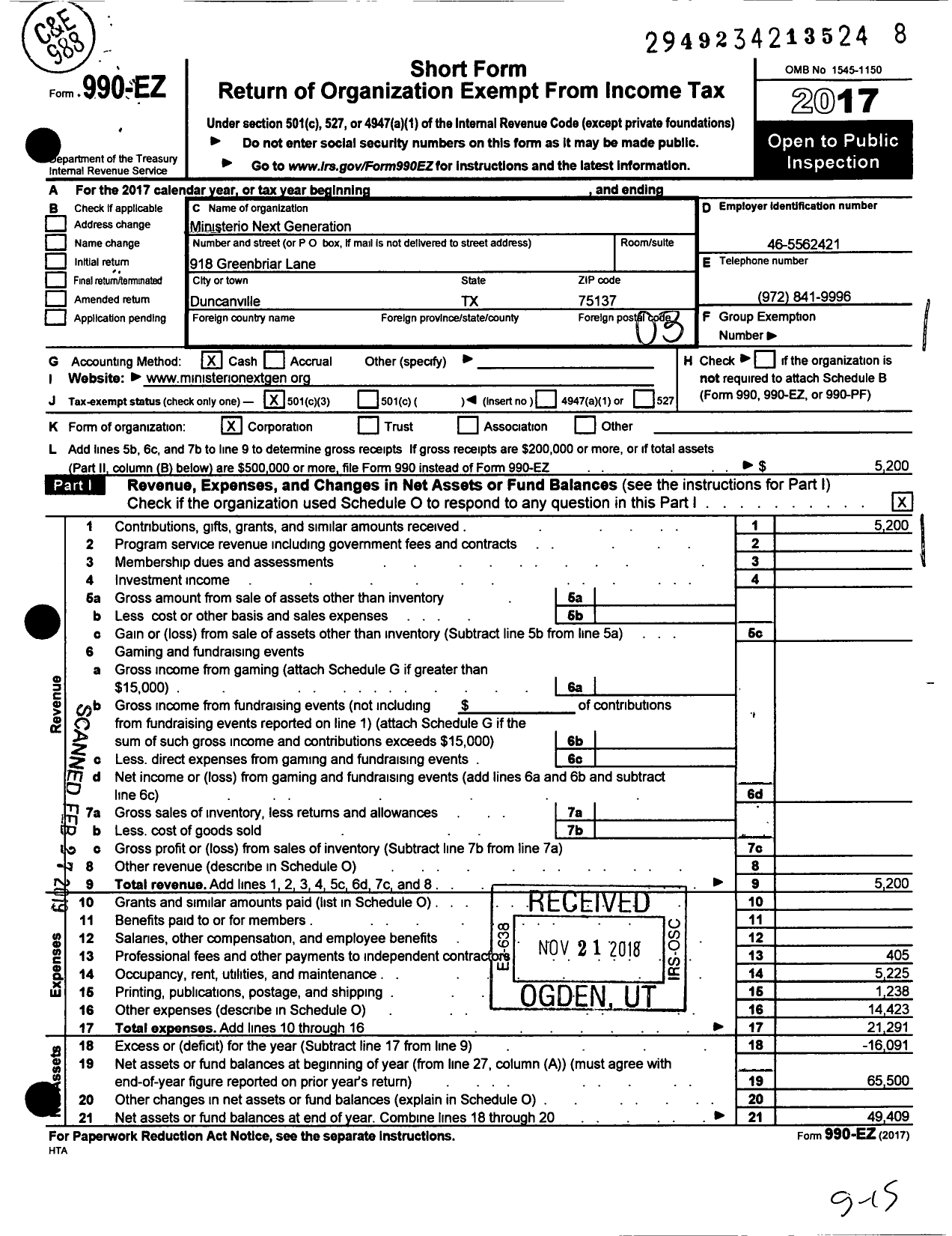 Image of first page of 2017 Form 990EZ for Ministerio Next Generation