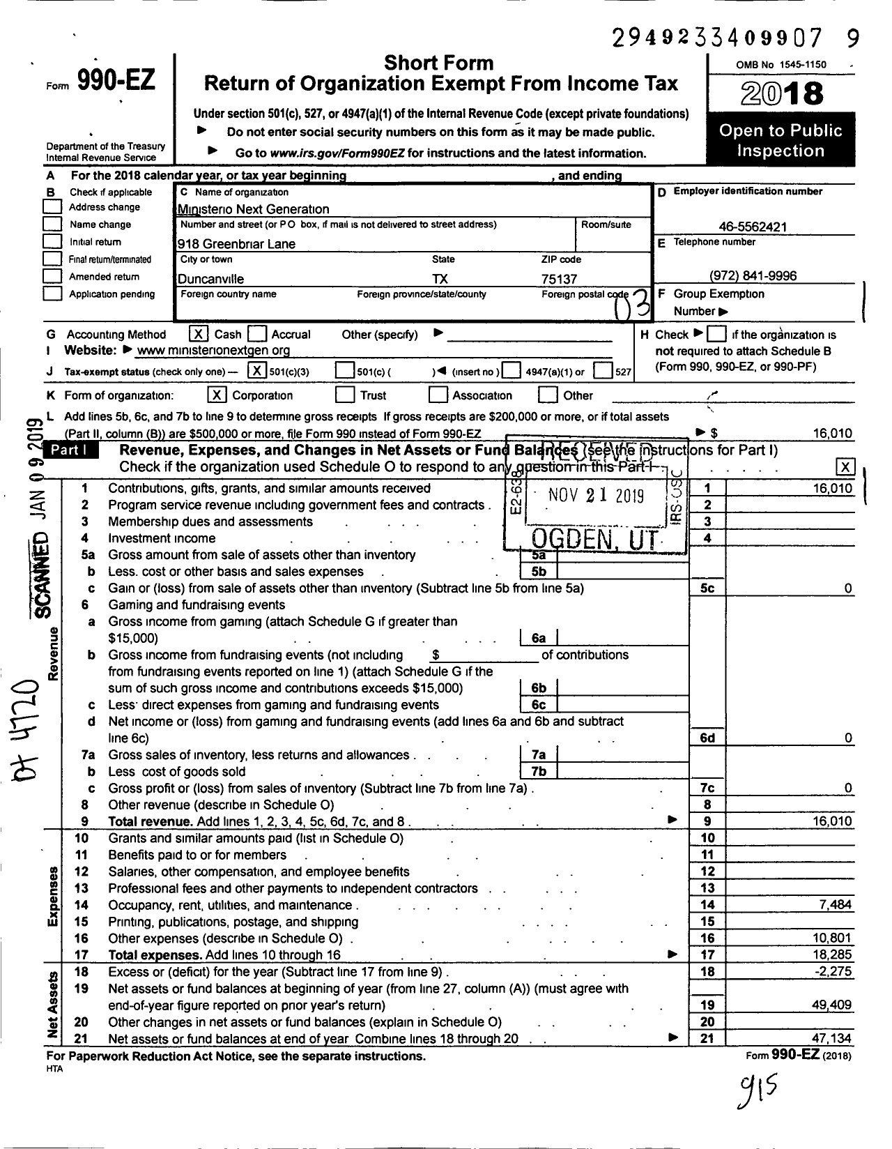 Image of first page of 2018 Form 990EZ for Ministerio Next Generation