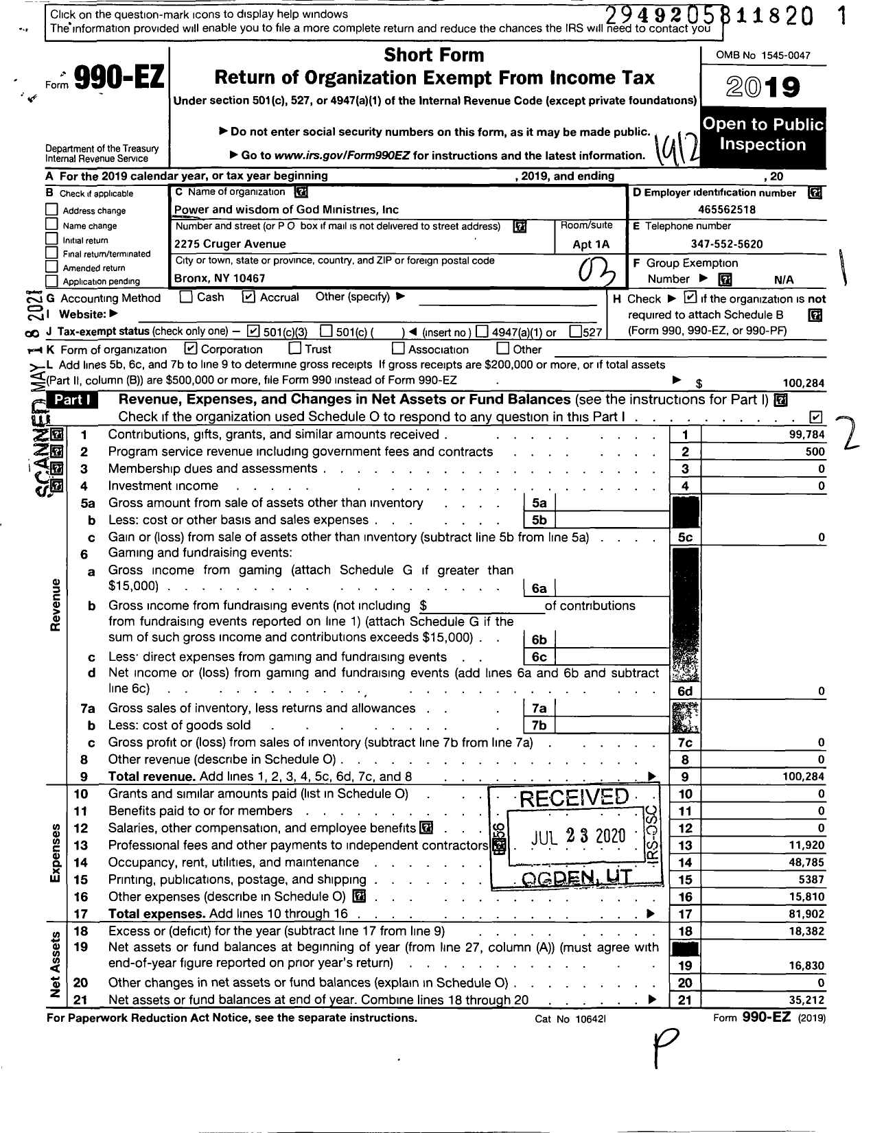 Image of first page of 2019 Form 990EZ for Power and Wisdom of God Ministries