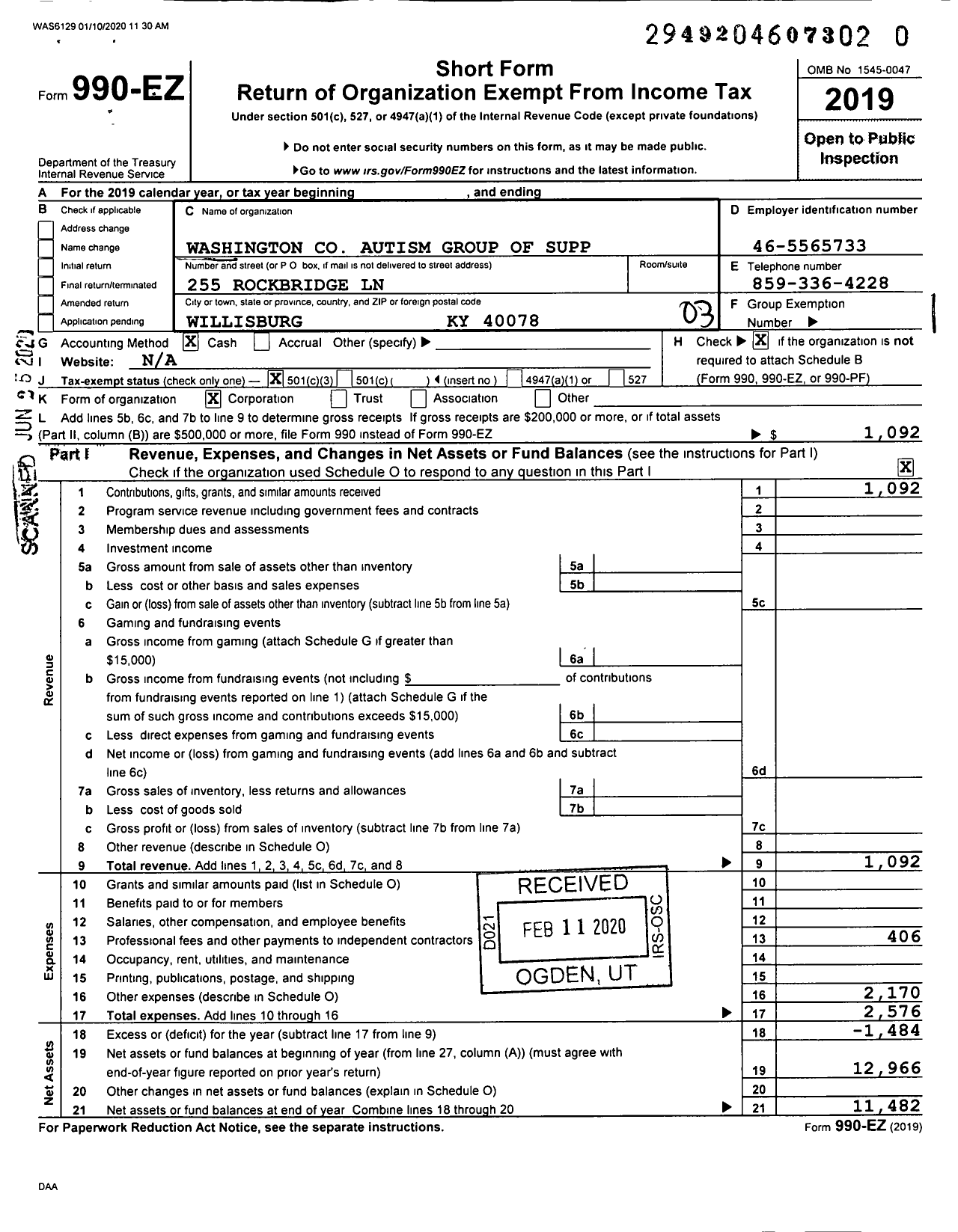 Image of first page of 2019 Form 990EZ for Washington Autism Group of Supp (WAGS)