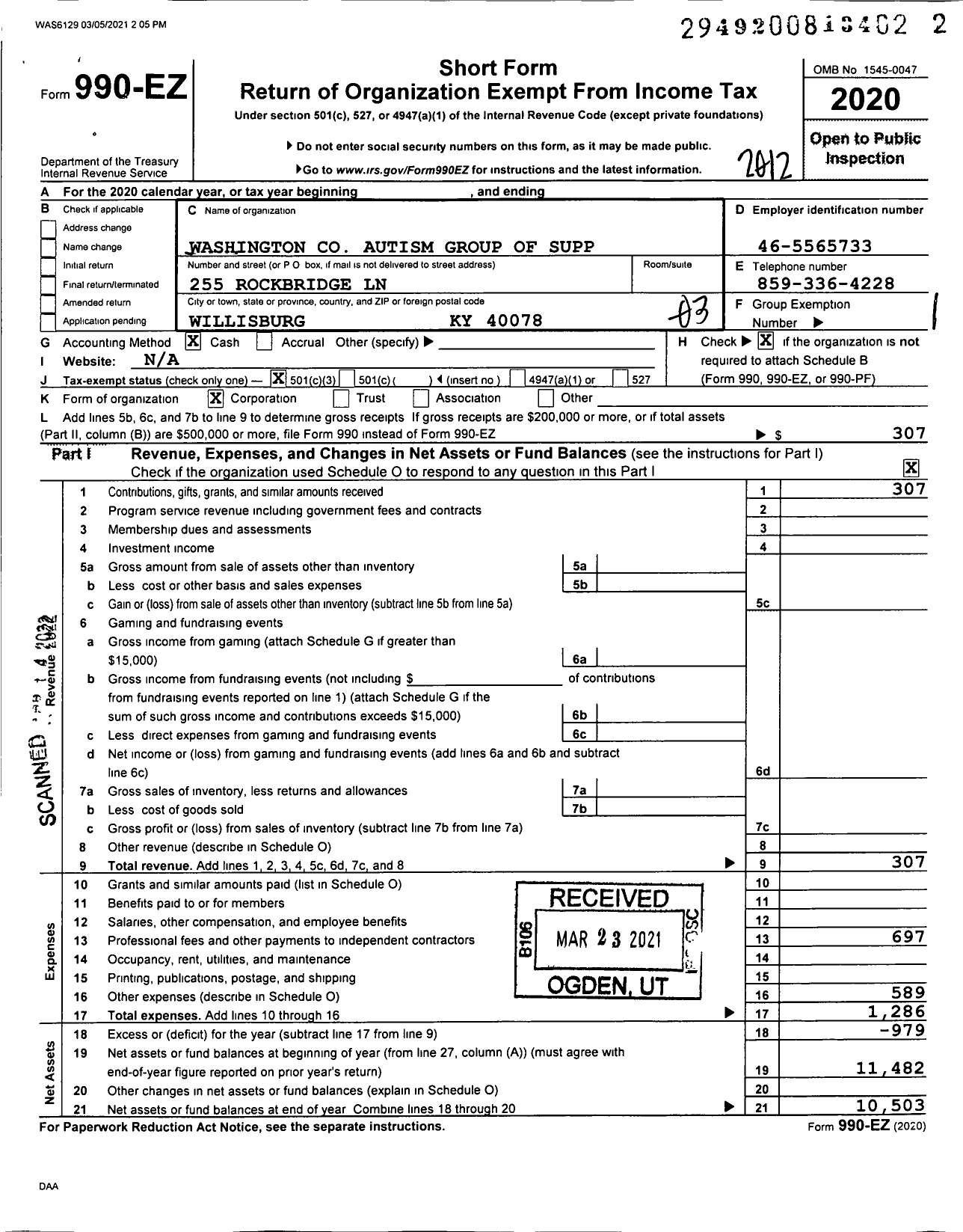 Image of first page of 2020 Form 990EZ for Washington Autism Group of Supp (WAGS)