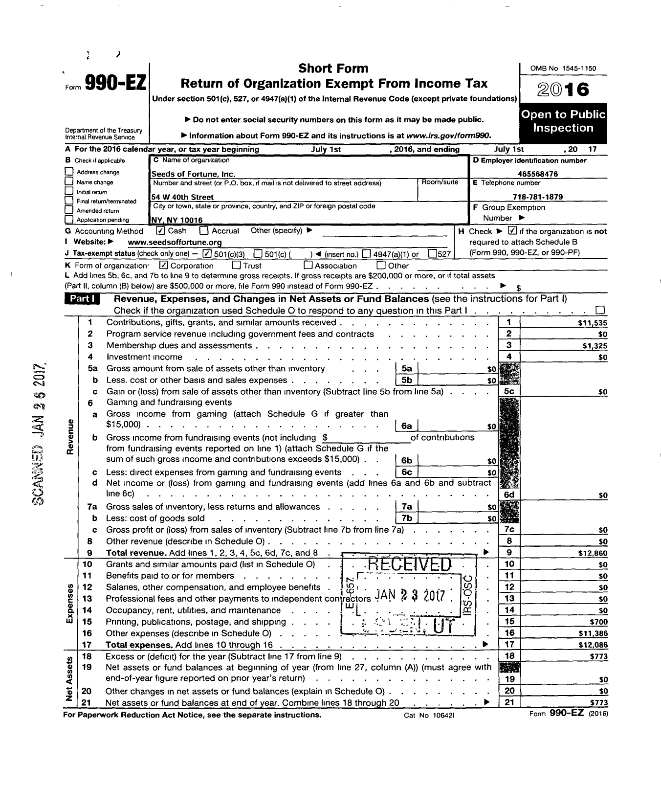 Image of first page of 2016 Form 990EZ for Seeds of Fortune