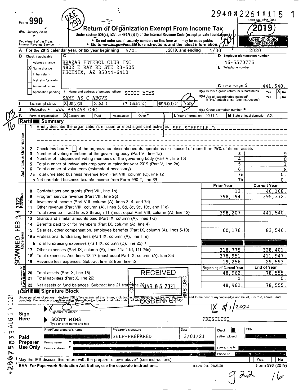 Image of first page of 2019 Form 990 for Brazas Futebol Club