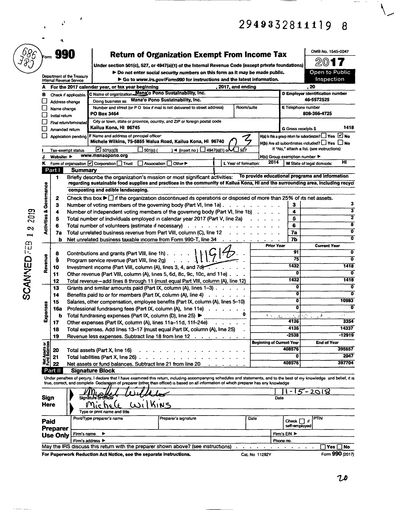 Image of first page of 2017 Form 990 for Mana O Pono Sustainability