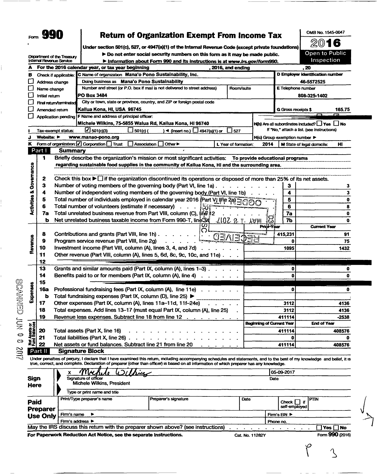 Image of first page of 2016 Form 990 for Mana O Pono Sustainability