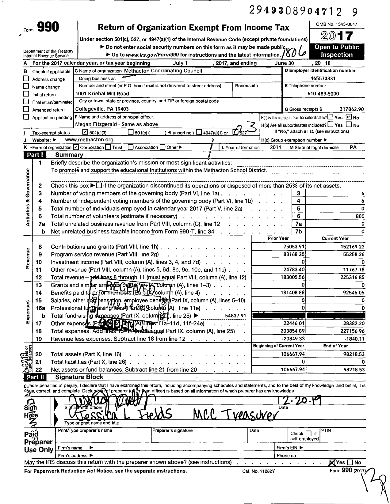 Image of first page of 2017 Form 990 for Methacton Coordinating Council