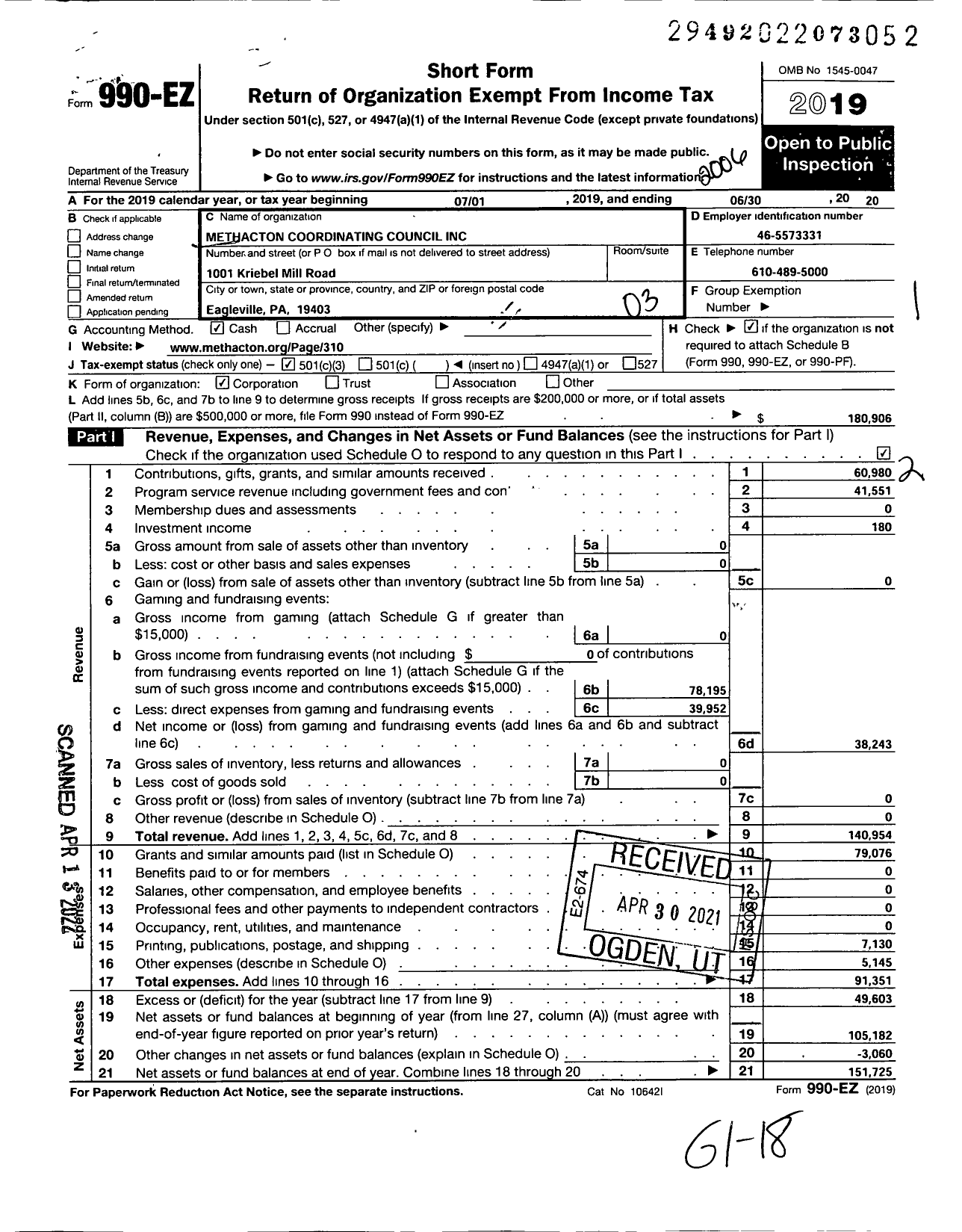 Image of first page of 2019 Form 990EZ for Methacton Coordinating Council