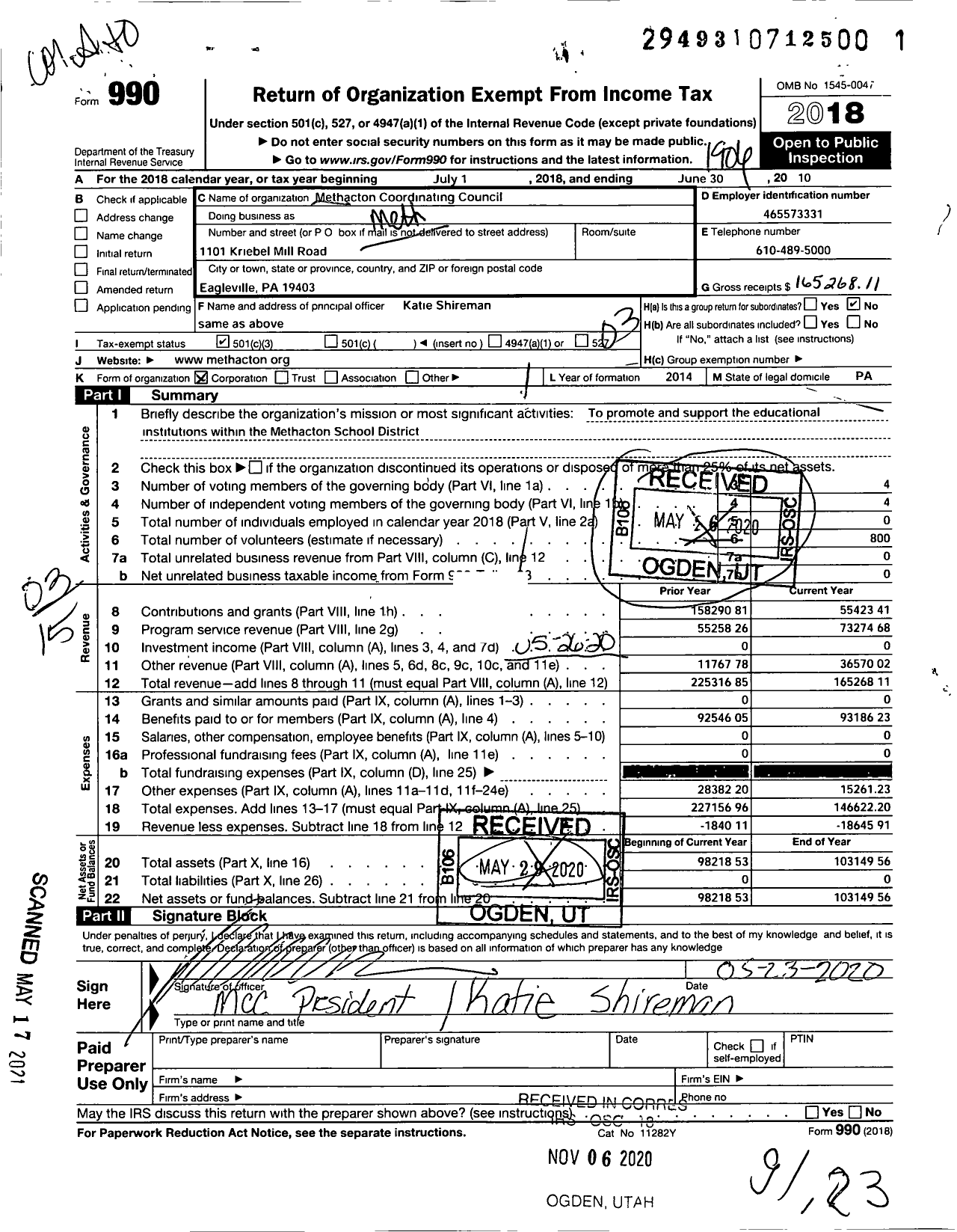 Image of first page of 2018 Form 990 for Methacton Coordinating Council