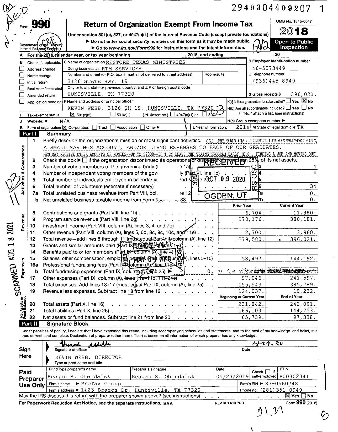 Image of first page of 2018 Form 990 for RTM Services