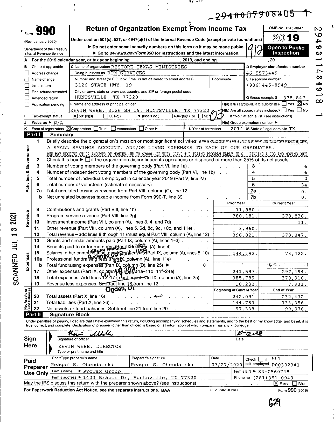 Image of first page of 2019 Form 990 for RTM Services