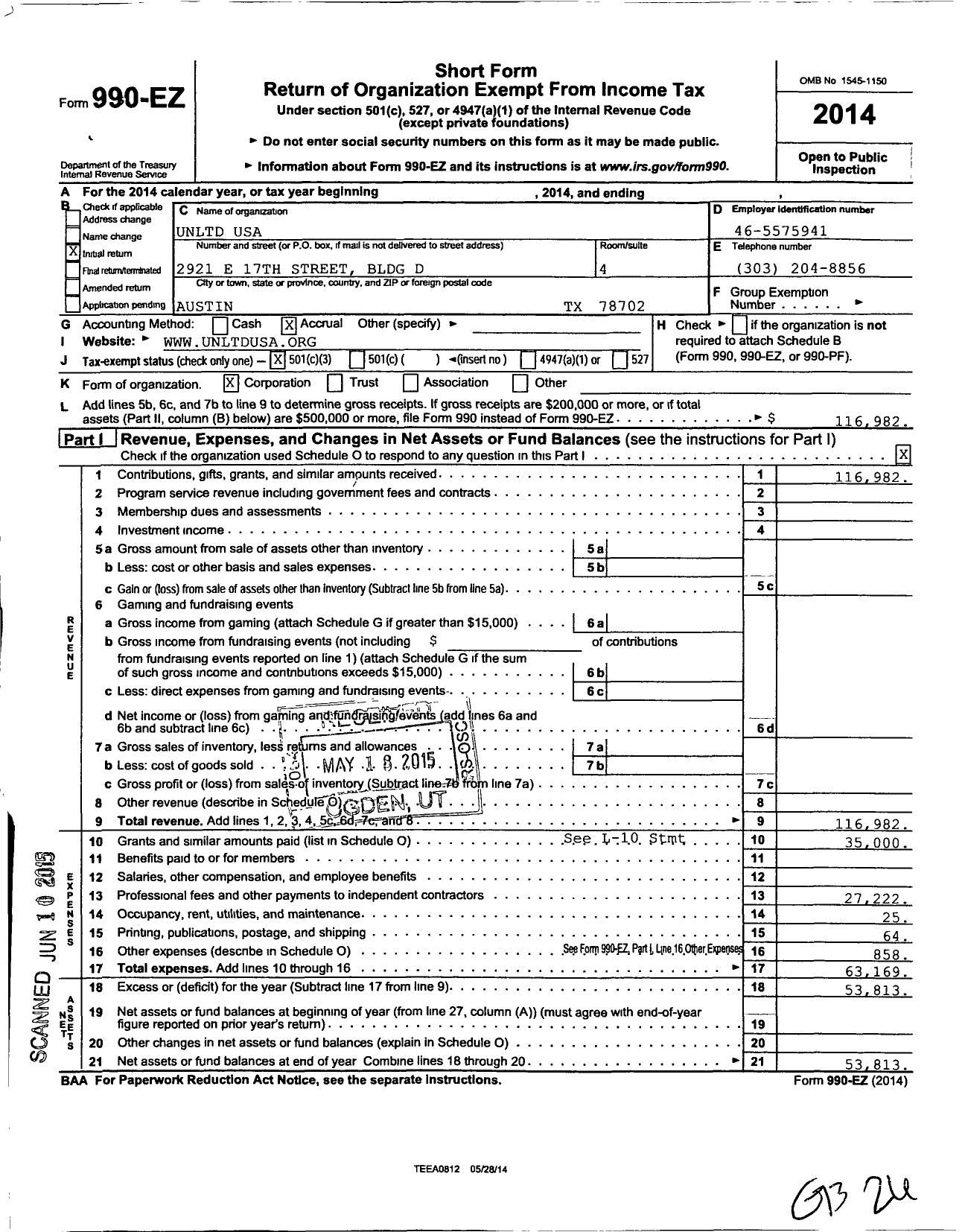 Image of first page of 2014 Form 990EZ for UnLtd USA