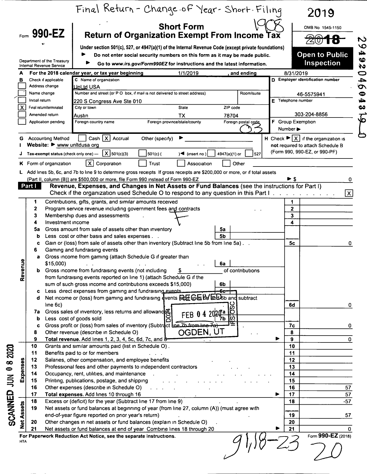 Image of first page of 2018 Form 990EZ for UnLtd USA