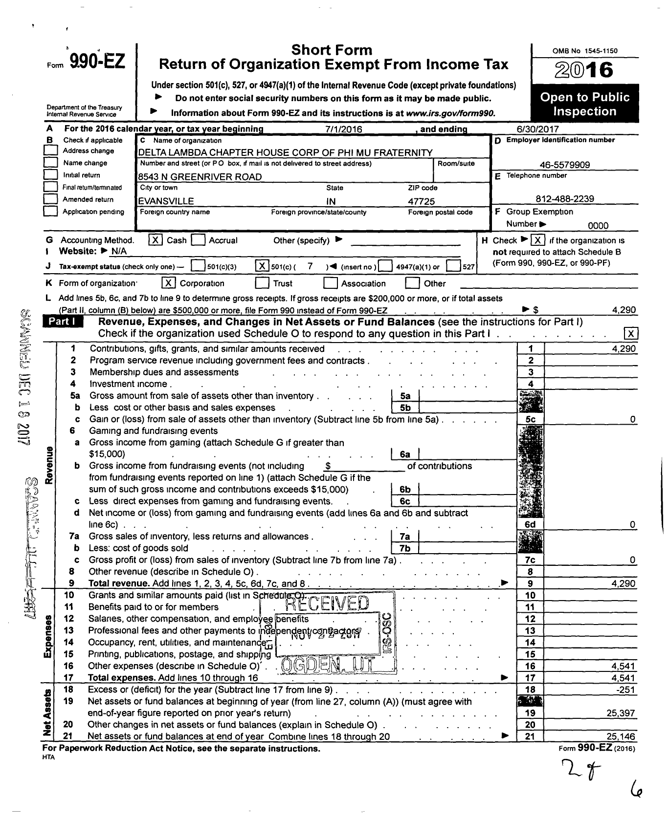 Image of first page of 2016 Form 990EO for Delta Lambda Chapter House Corporation of Phi Mu Fraternity