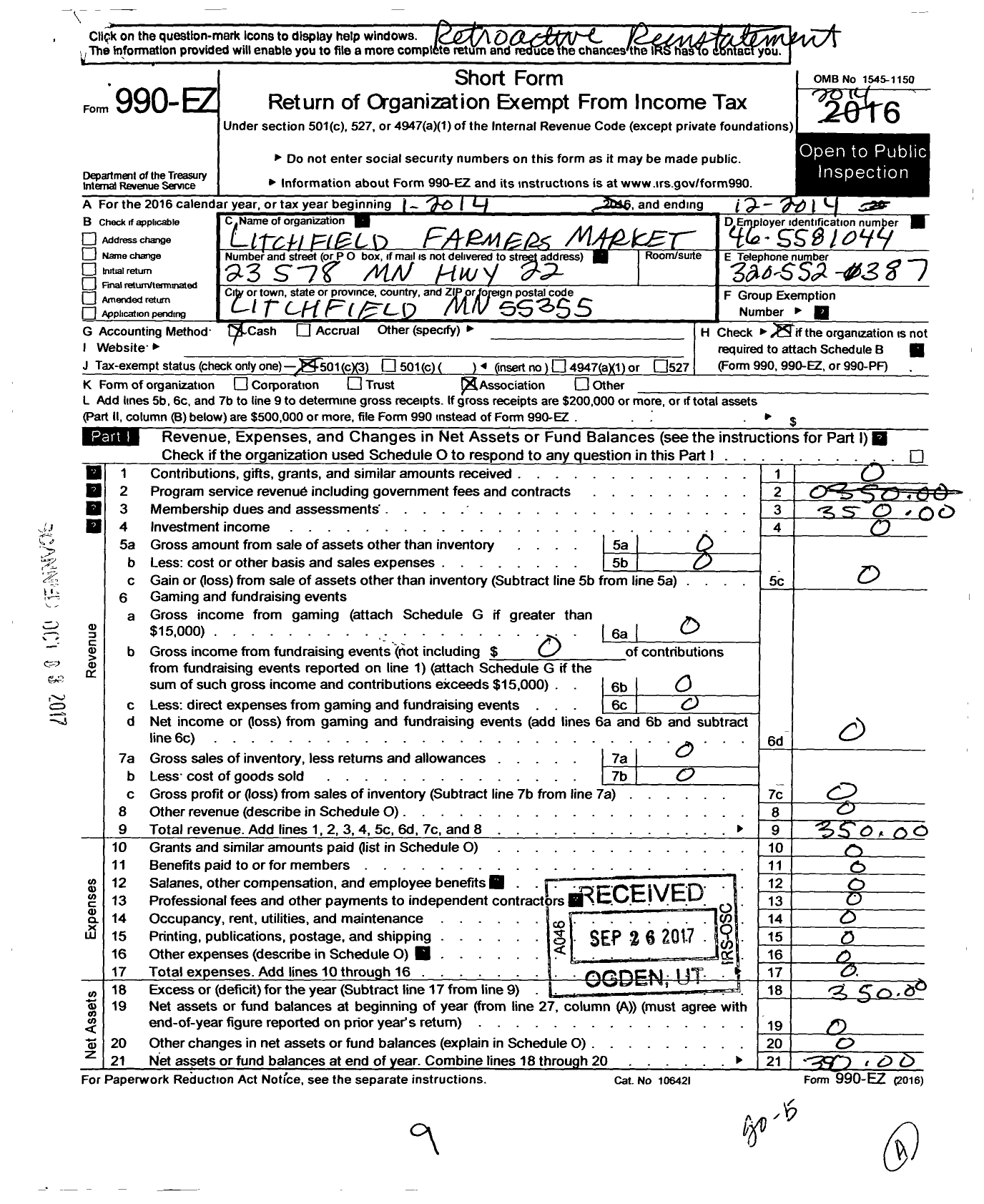 Image of first page of 2014 Form 990EZ for Litchfield Farmers Market