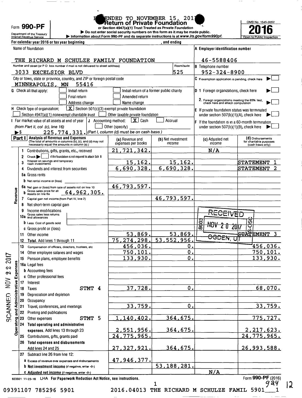 Image of first page of 2016 Form 990PF for The Richard M Schulze Family Foundation