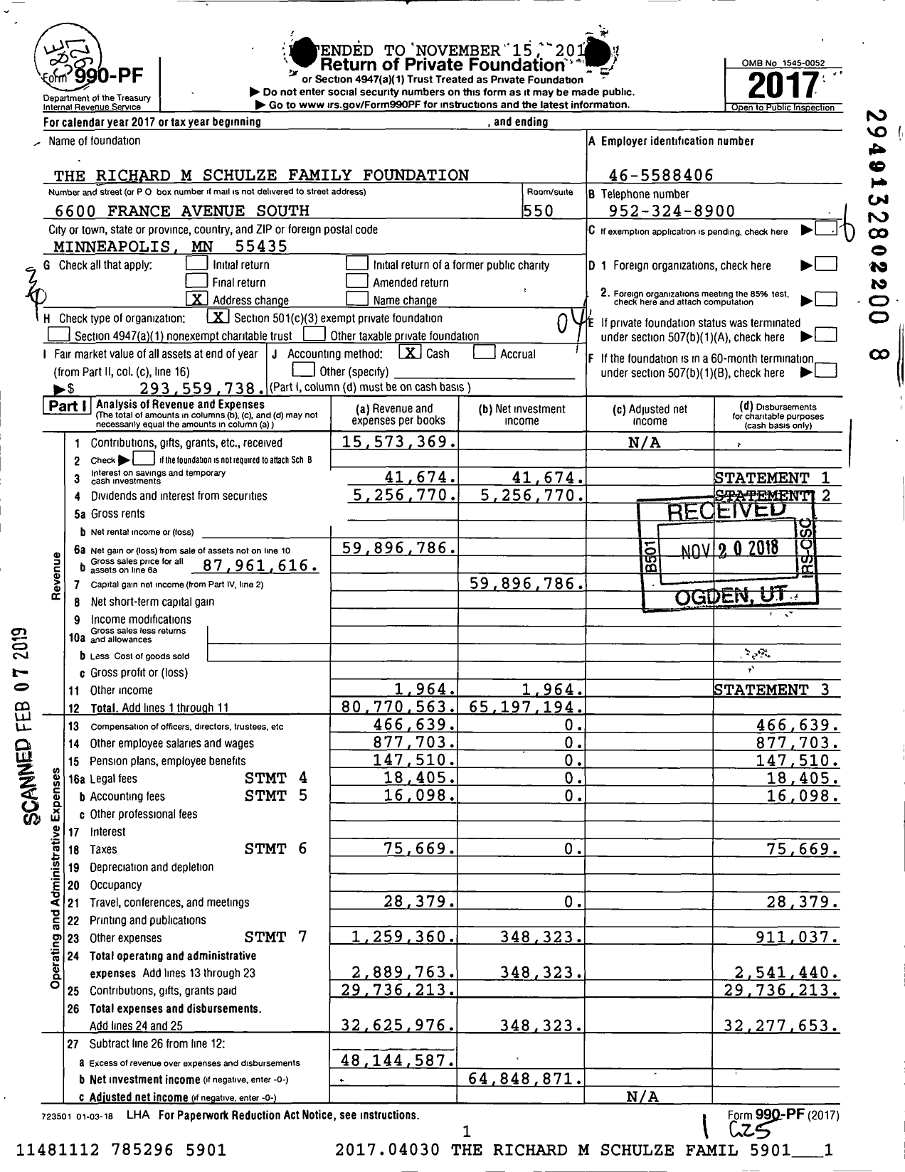 Image of first page of 2017 Form 990PF for The Richard M Schulze Family Foundation