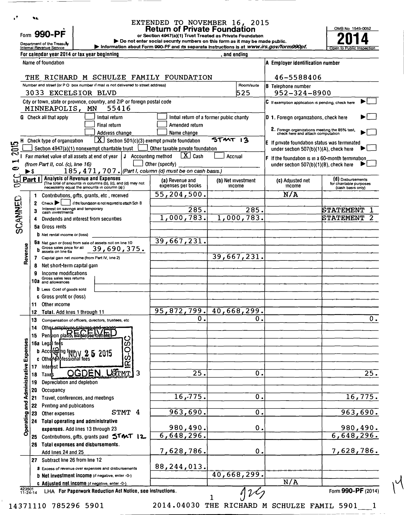 Image of first page of 2014 Form 990PF for The Richard M Schulze Family Foundation