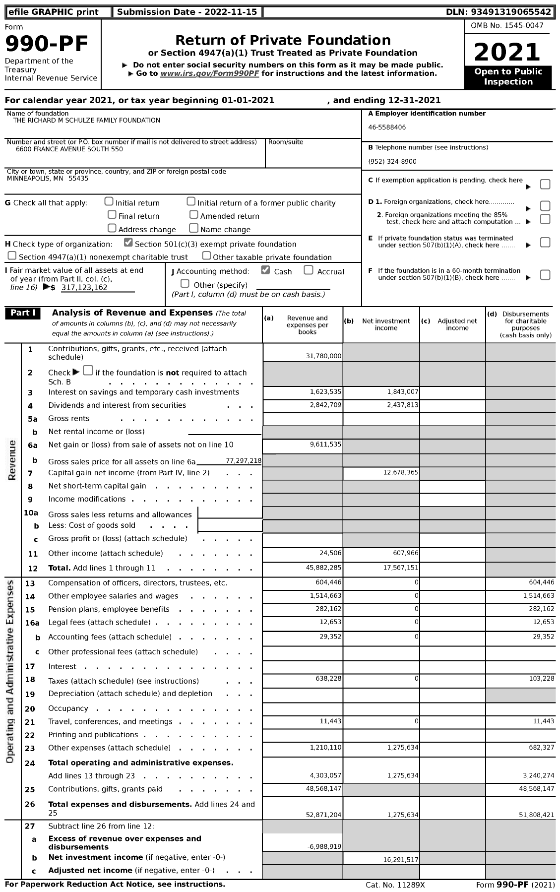 Image of first page of 2021 Form 990PF for The Richard M Schulze Family Foundation