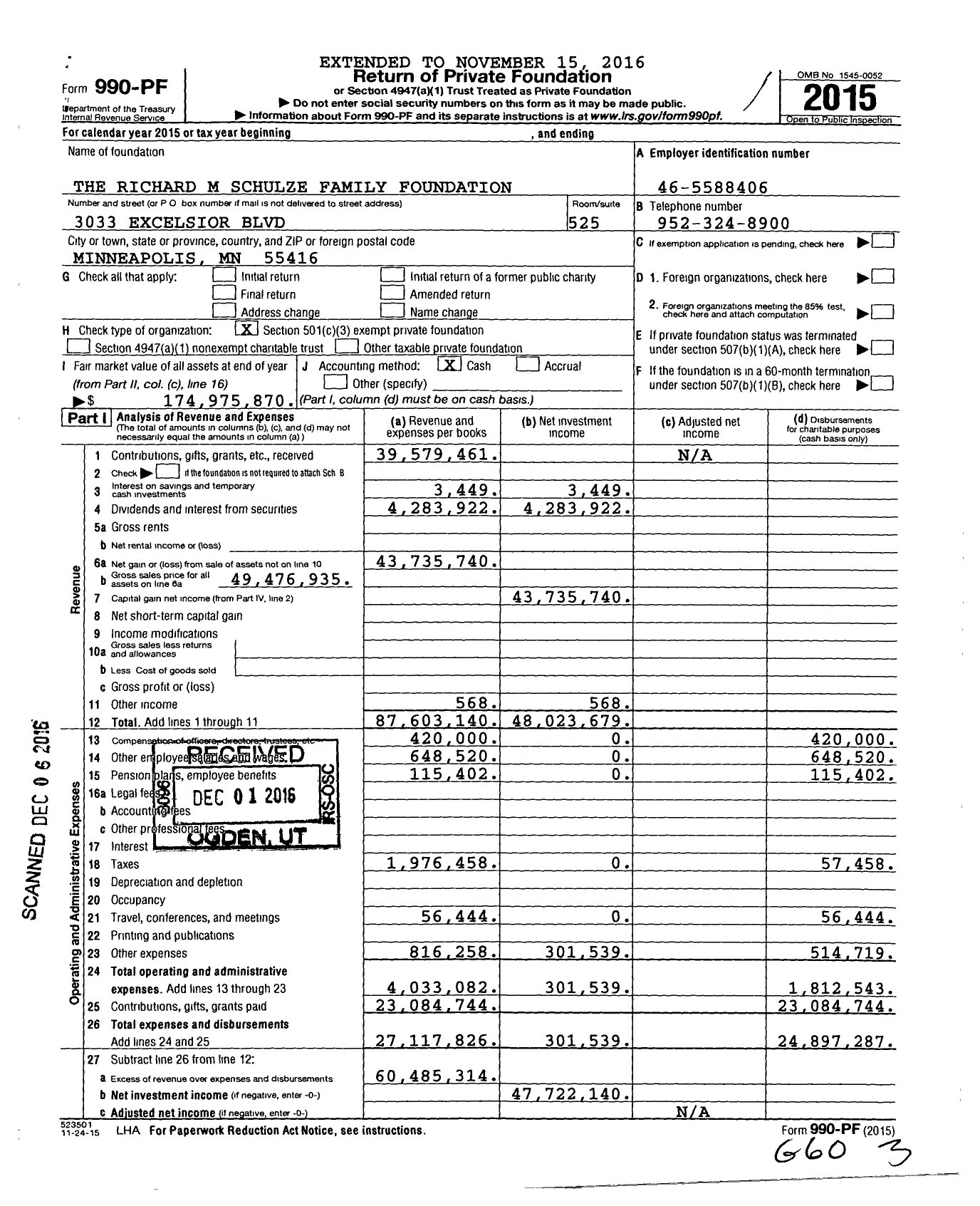 Image of first page of 2015 Form 990PF for The Richard M Schulze Family Foundation