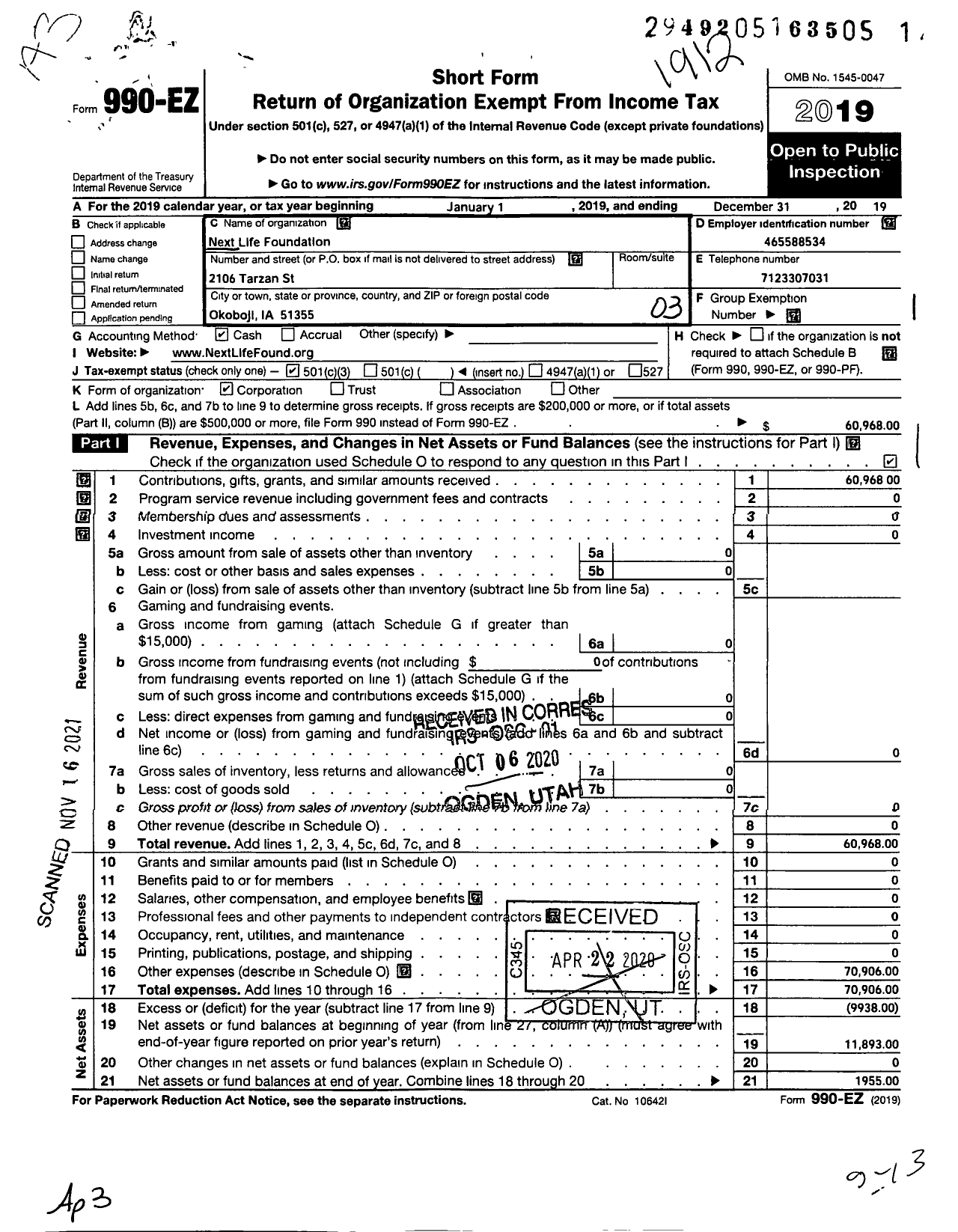 Image of first page of 2019 Form 990EZ for Next Life Foundation