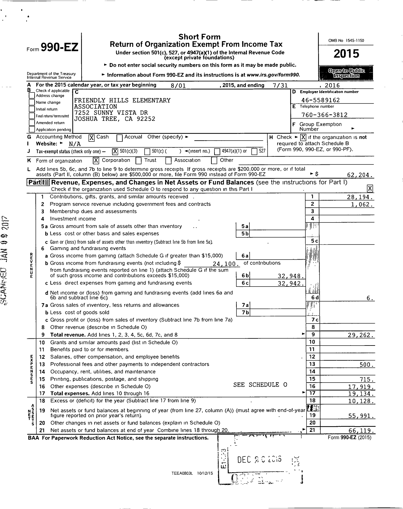 Image of first page of 2015 Form 990EZ for Friendly Hills Elementary Association (FHEA)