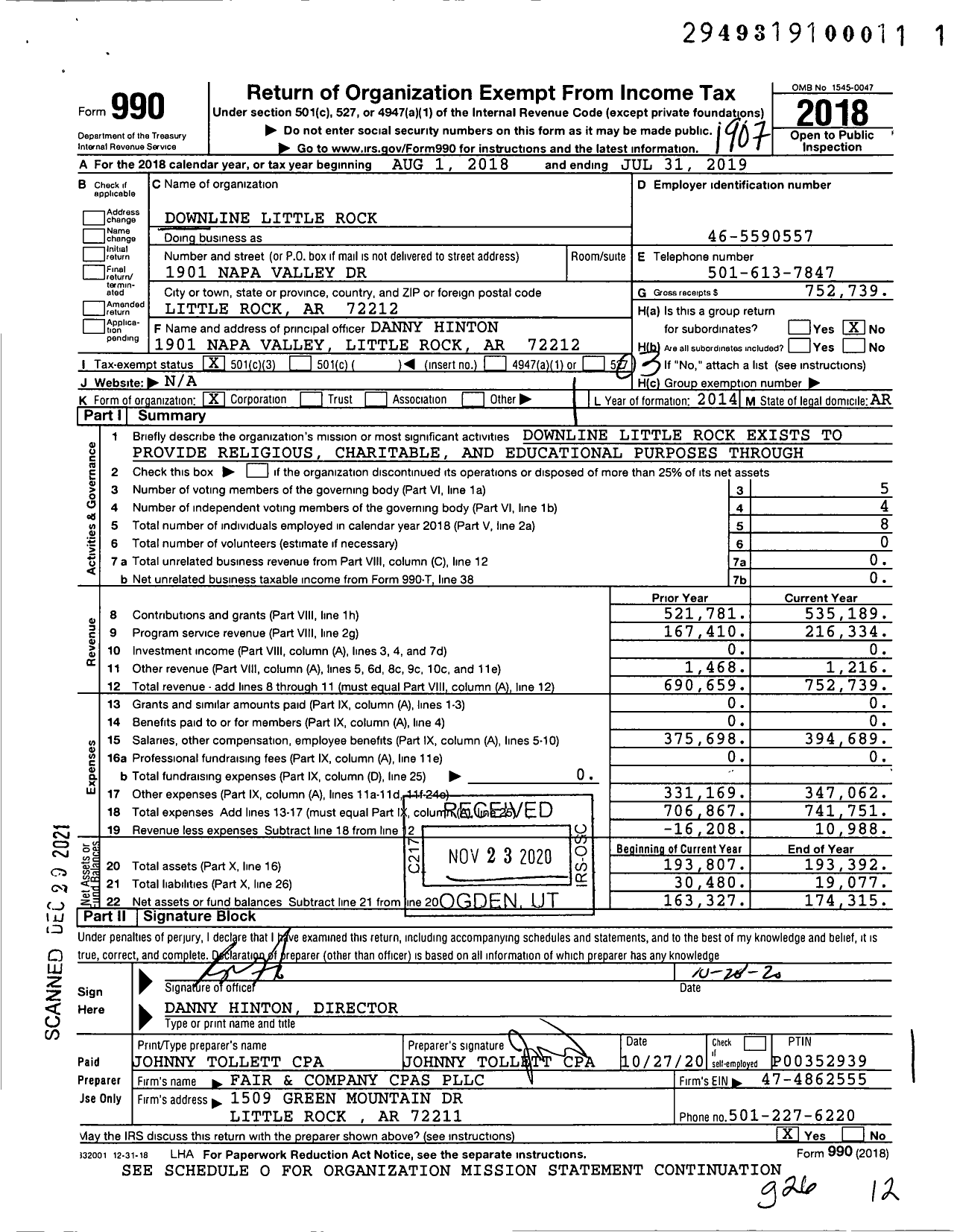 Image of first page of 2018 Form 990 for Downline Little Rock