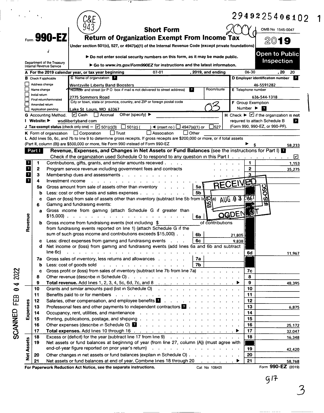 Image of first page of 2019 Form 990EZ for Wentzville Liberty Band Boosters