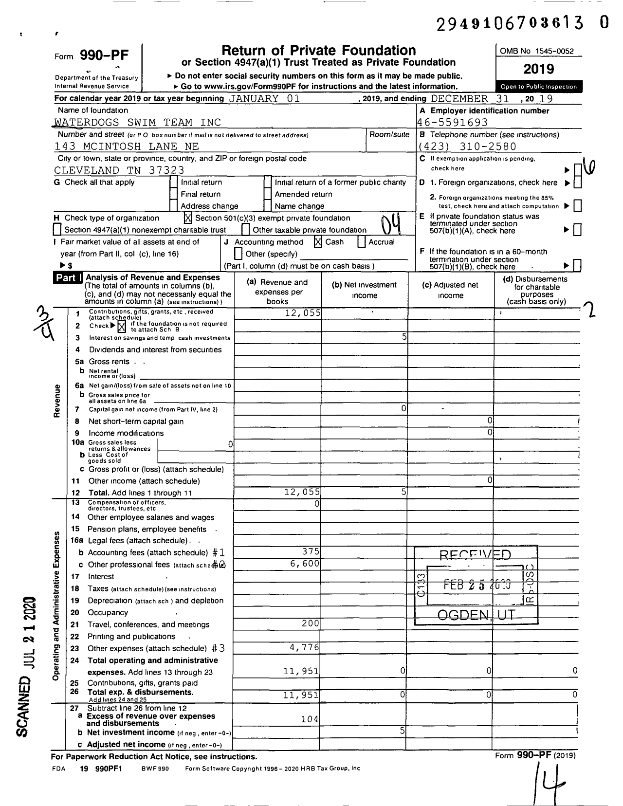 Image of first page of 2019 Form 990PR for Waterdogs Swim Team