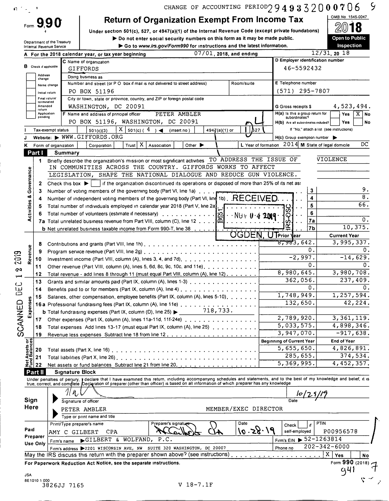 Image of first page of 2018 Form 990O for Giffords