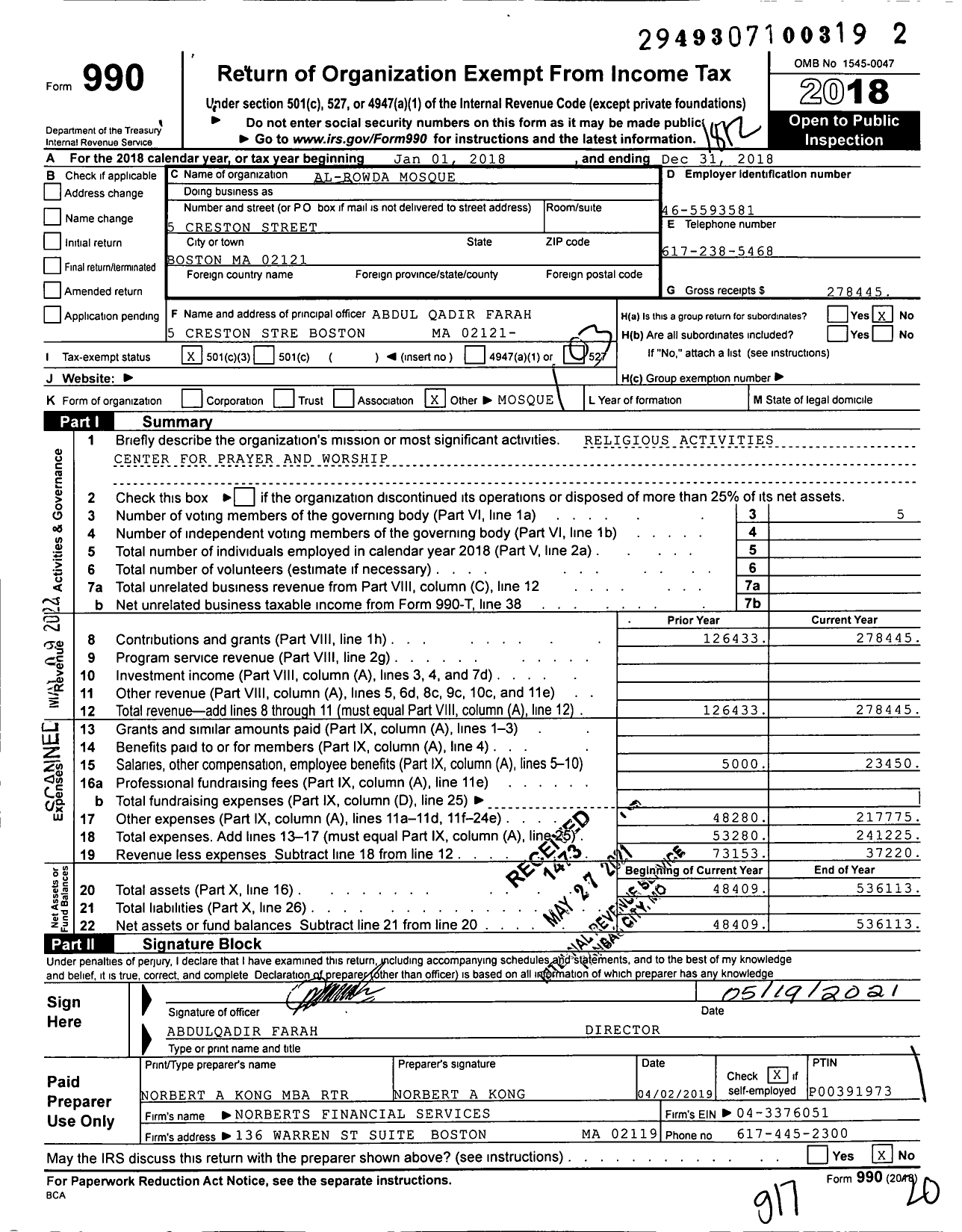 Image of first page of 2018 Form 990 for Al-Rowda Mosque