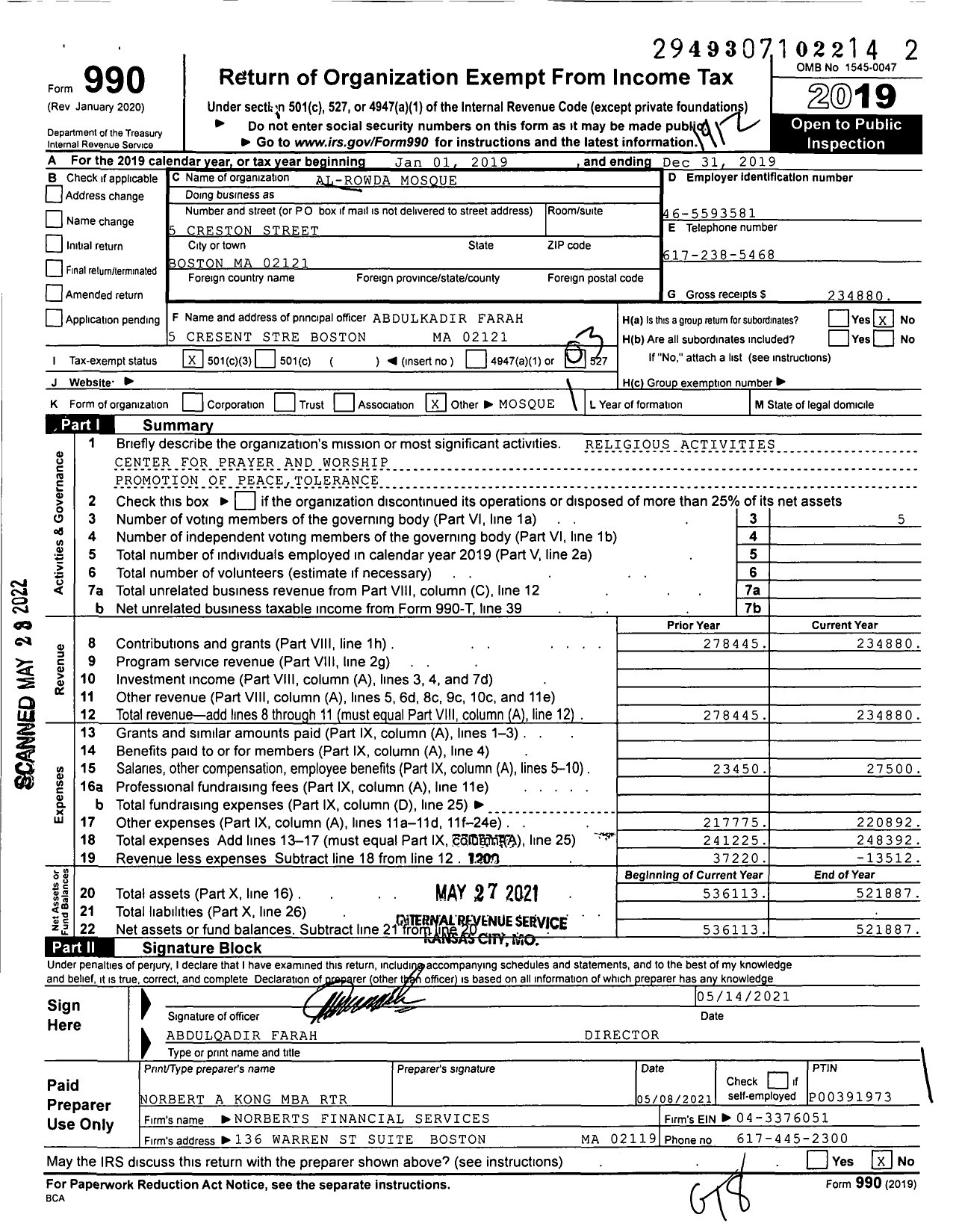 Image of first page of 2019 Form 990 for Al-Rowda Mosque