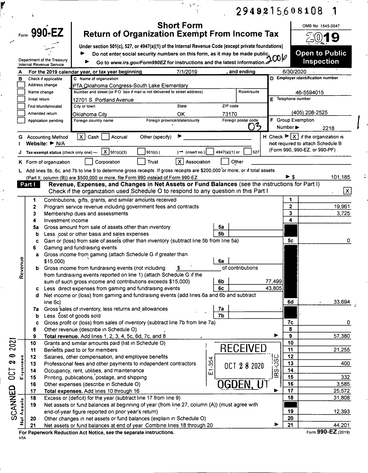 Image of first page of 2019 Form 990EZ for PTA Oklahoma Congress / South Lake