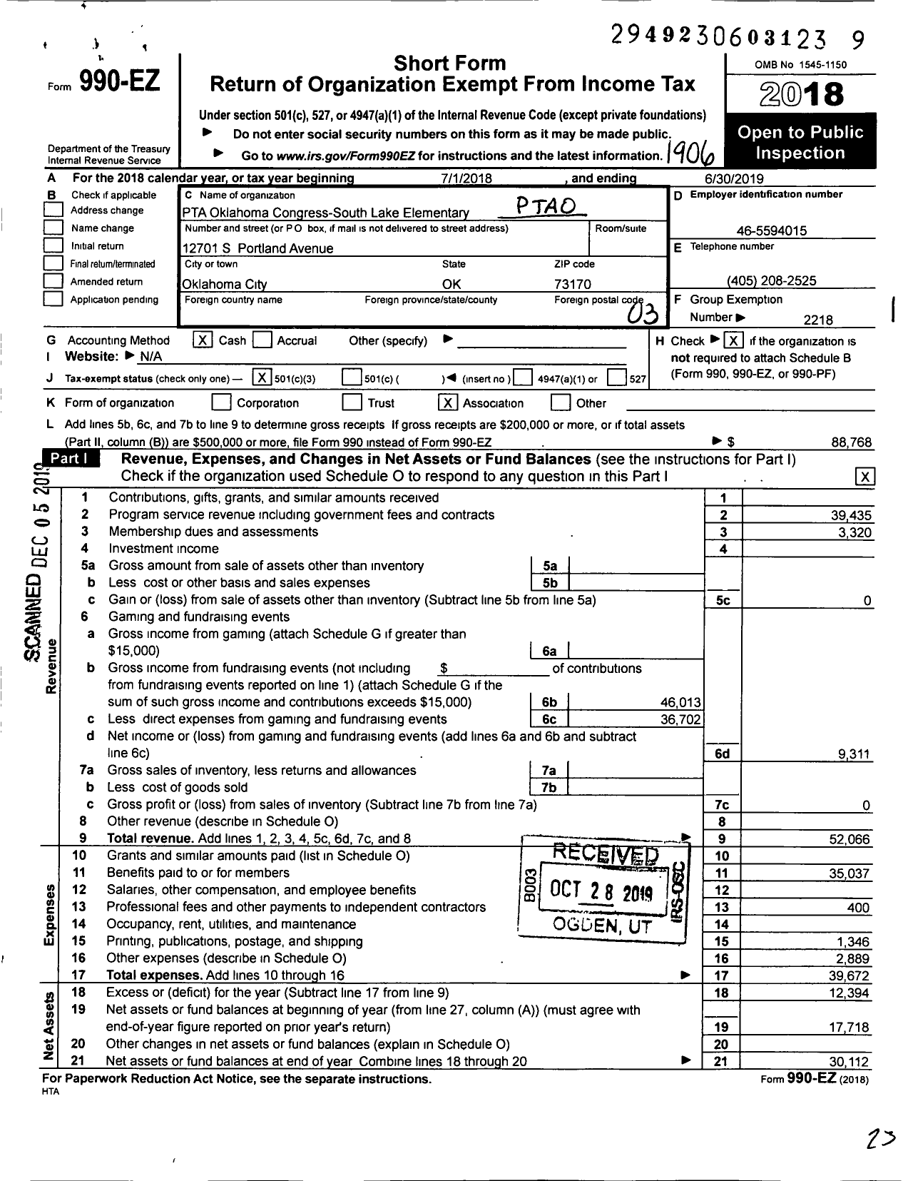 Image of first page of 2018 Form 990EZ for PTA Oklahoma Congress / South Lake