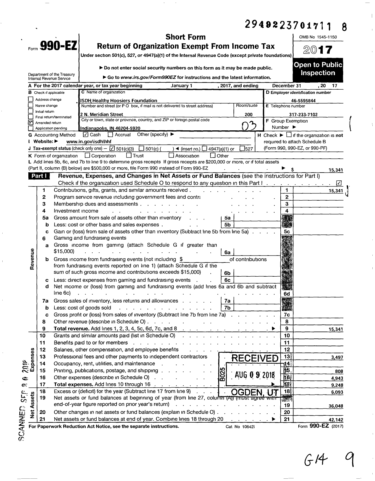 Image of first page of 2017 Form 990EZ for Healthy Hoosiers Foundation