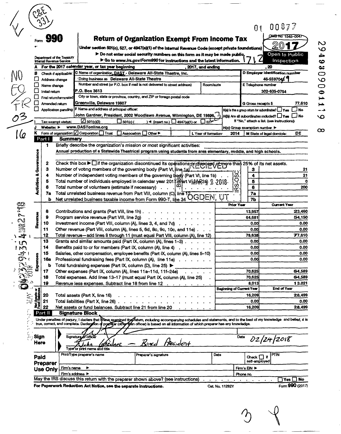 Image of first page of 2017 Form 990 for Delaware All State Theatre