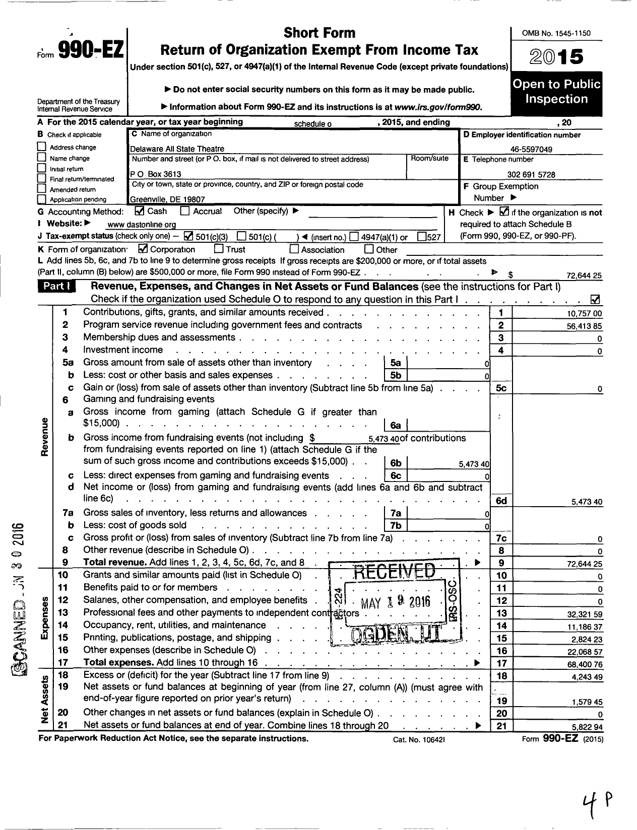 Image of first page of 2015 Form 990EZ for Delaware All State Theatre