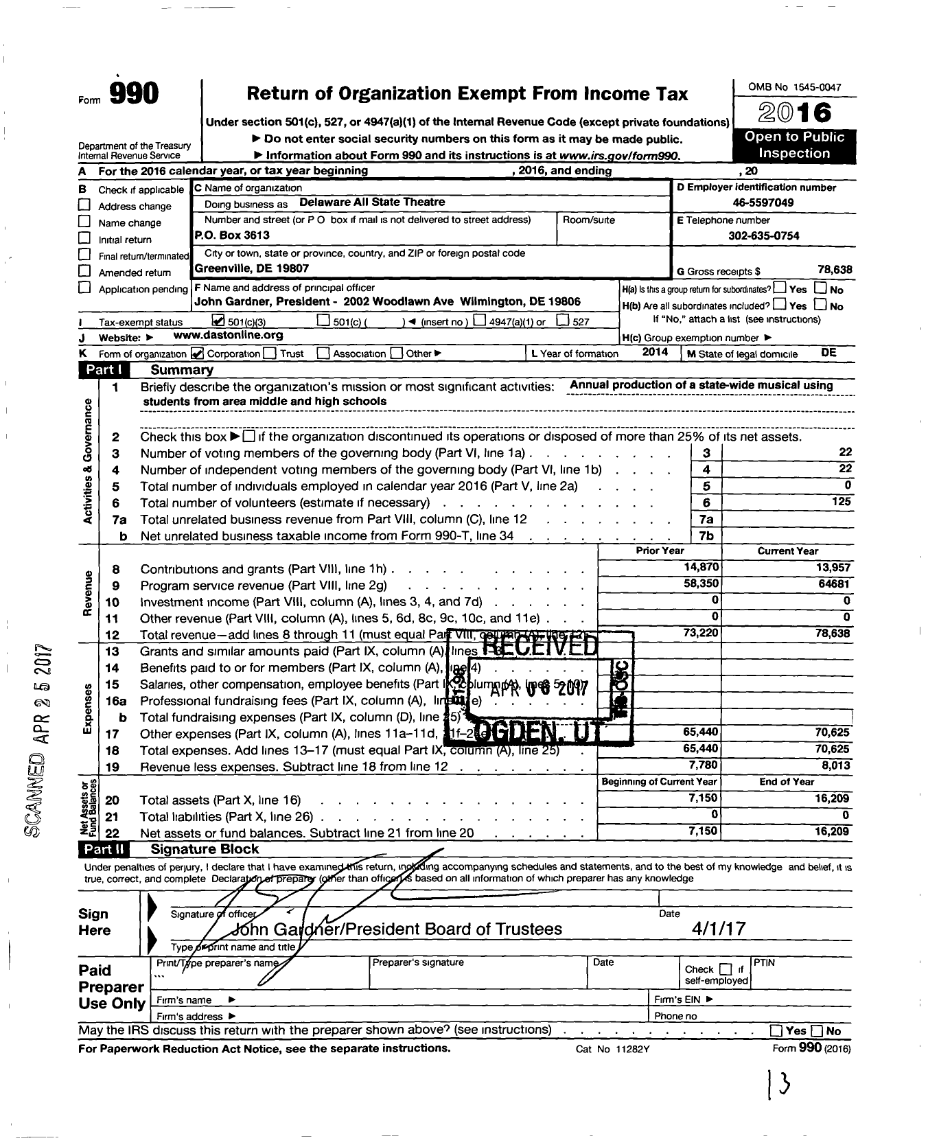 Image of first page of 2016 Form 990 for Delaware All State Theatre