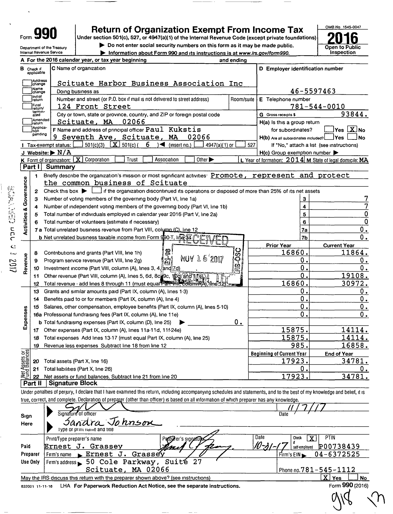 Image of first page of 2016 Form 990O for Scituate Harbor Business Association