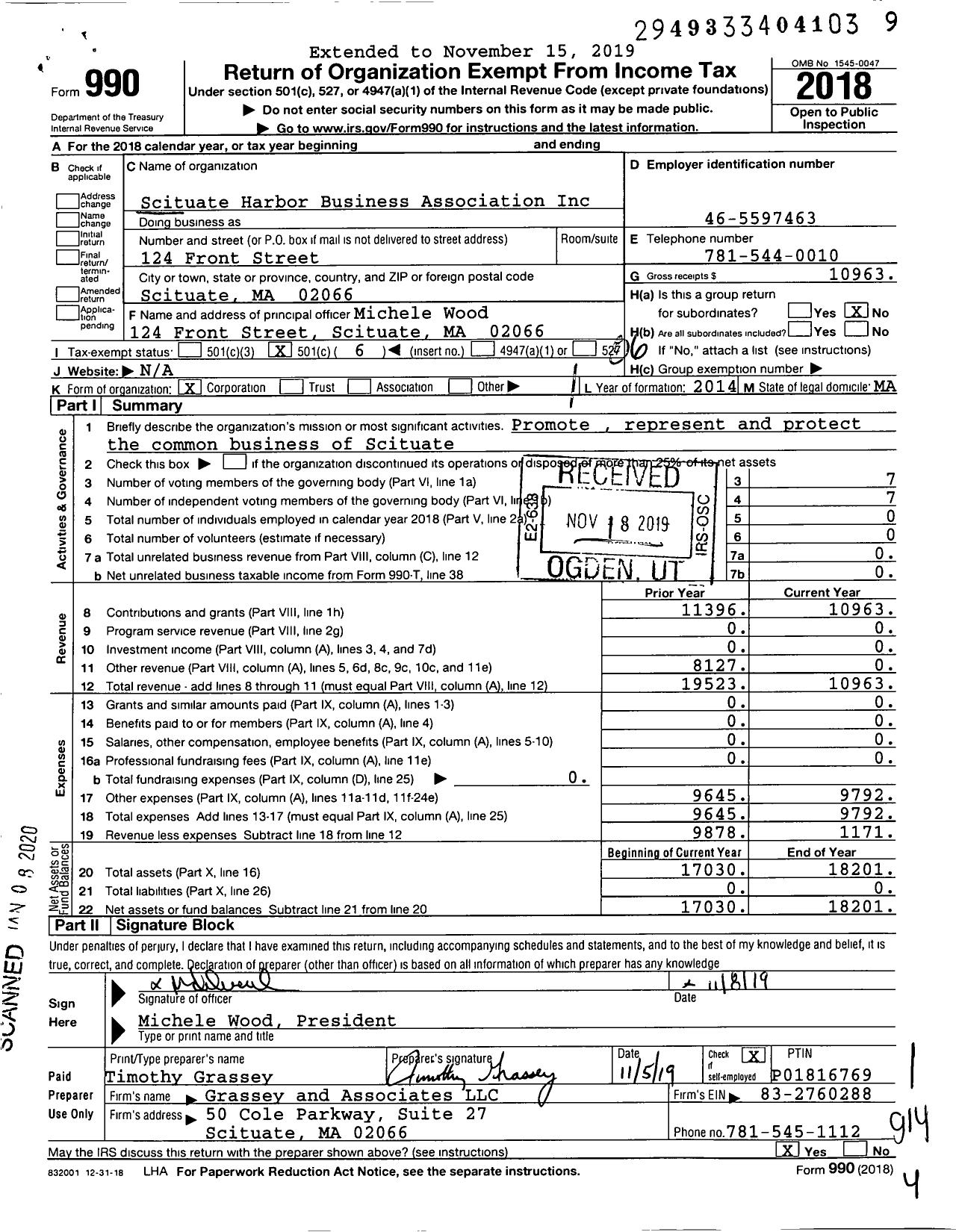 Image of first page of 2018 Form 990O for Scituate Harbor Business Association