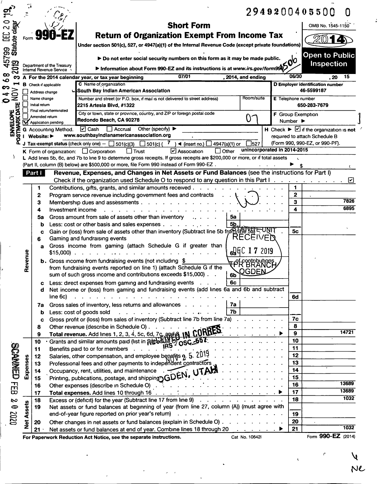 Image of first page of 2014 Form 990EO for South Bay Indian American Association