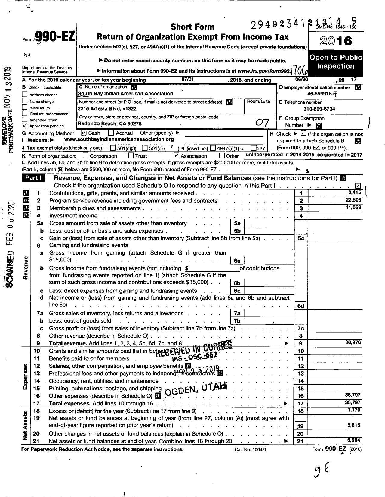 Image of first page of 2016 Form 990EO for South Bay Indian American Association