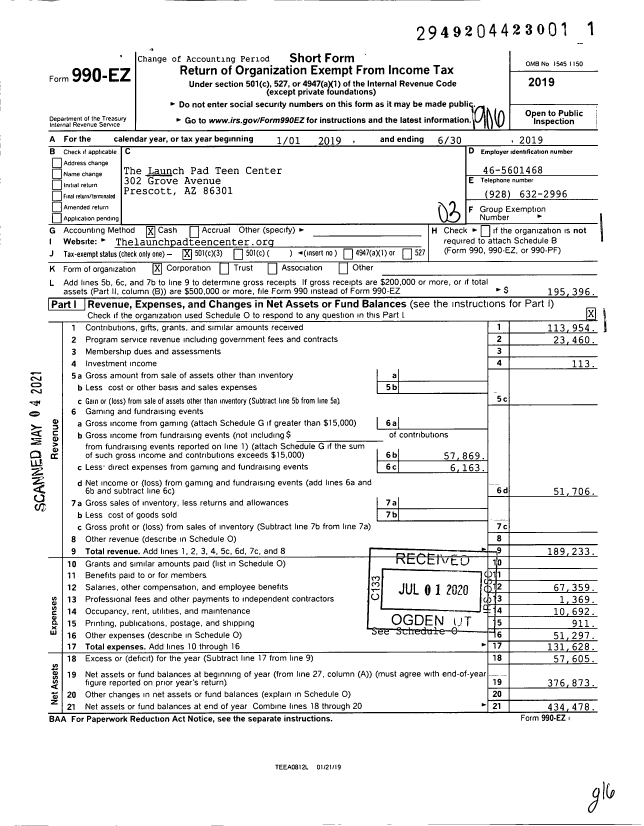 Image of first page of 2018 Form 990EZ for The Launch Pad Teen Center