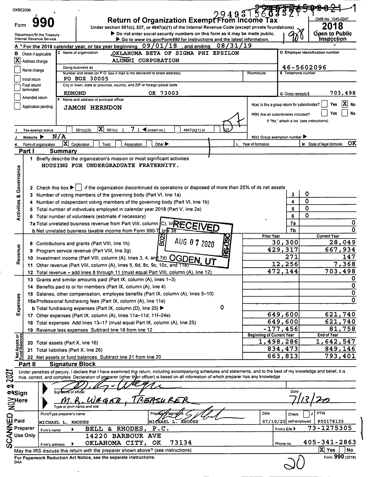 Image of first page of 2018 Form 990O for Oklahoma Beta of Sigma Phi Epsilon Alumni Corporation