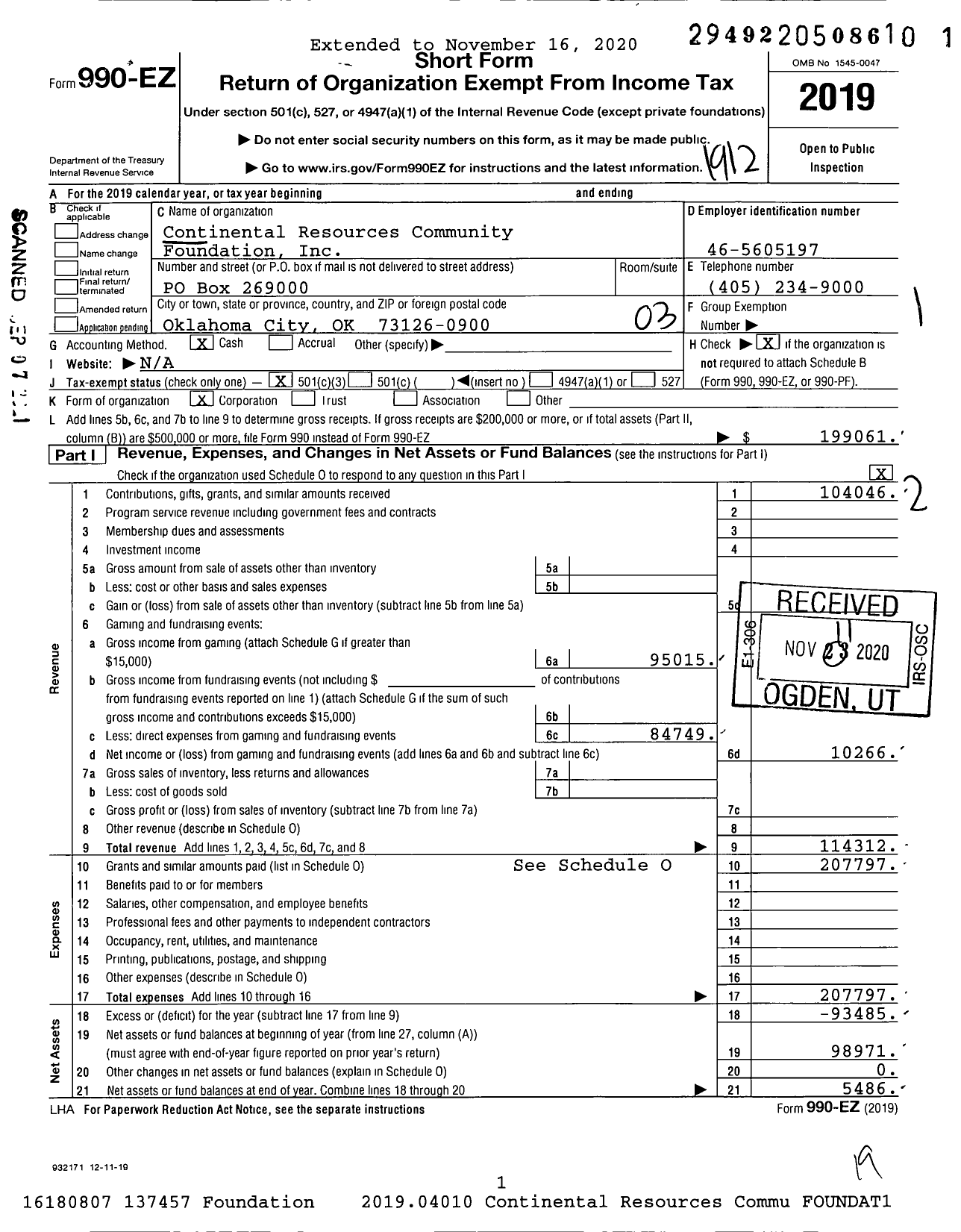 Image of first page of 2019 Form 990EZ for Continental Resources Community Foundation