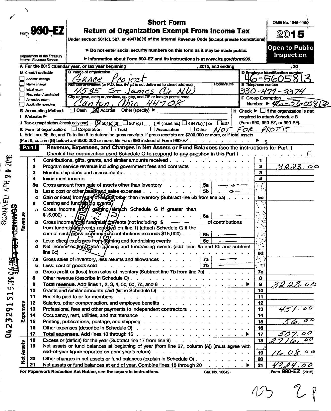 Image of first page of 2015 Form 990EZ for Grace Project