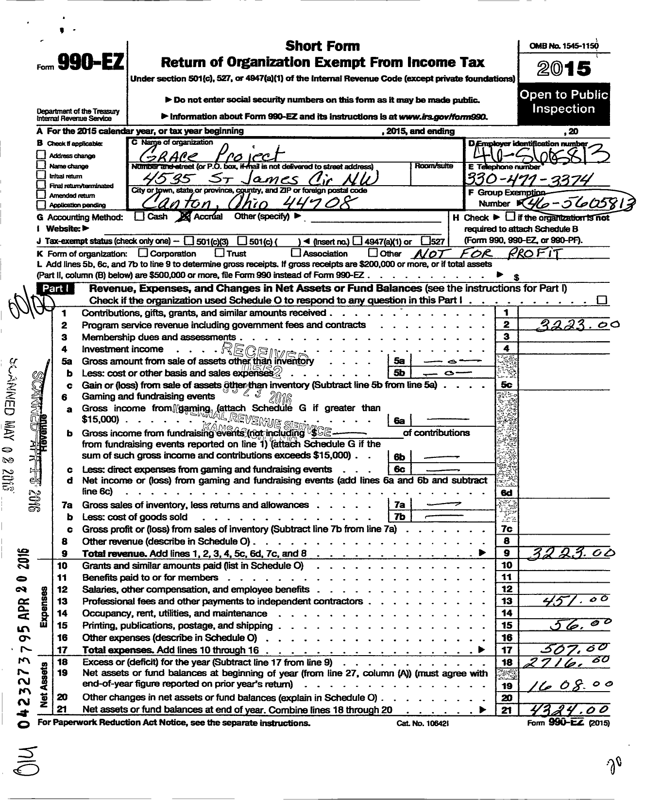 Image of first page of 2015 Form 990EO for Grace Project