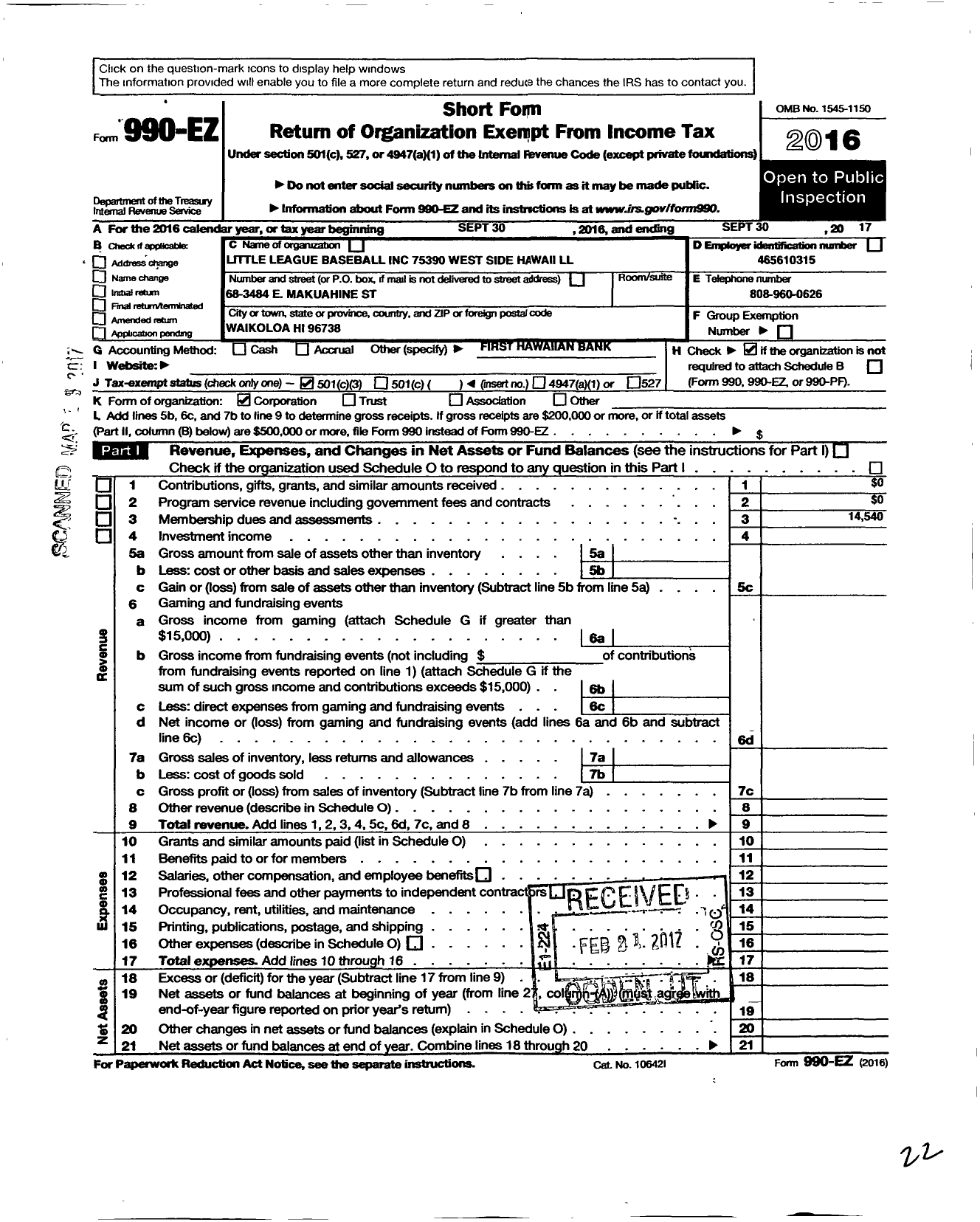 Image of first page of 2016 Form 990EZ for Little League Baseball - 75390 West Side hawaii LL