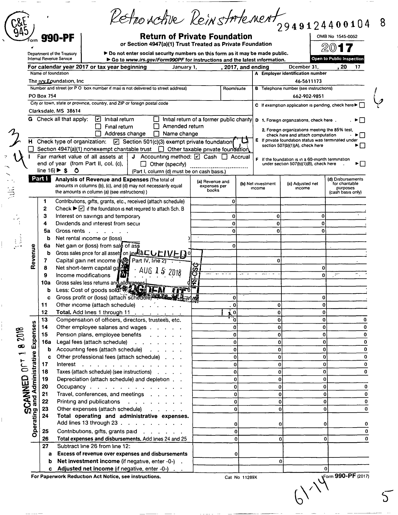 Image of first page of 2017 Form 990PF for The Ivy Foundation / Yhr Ivy Gounfstion Inv