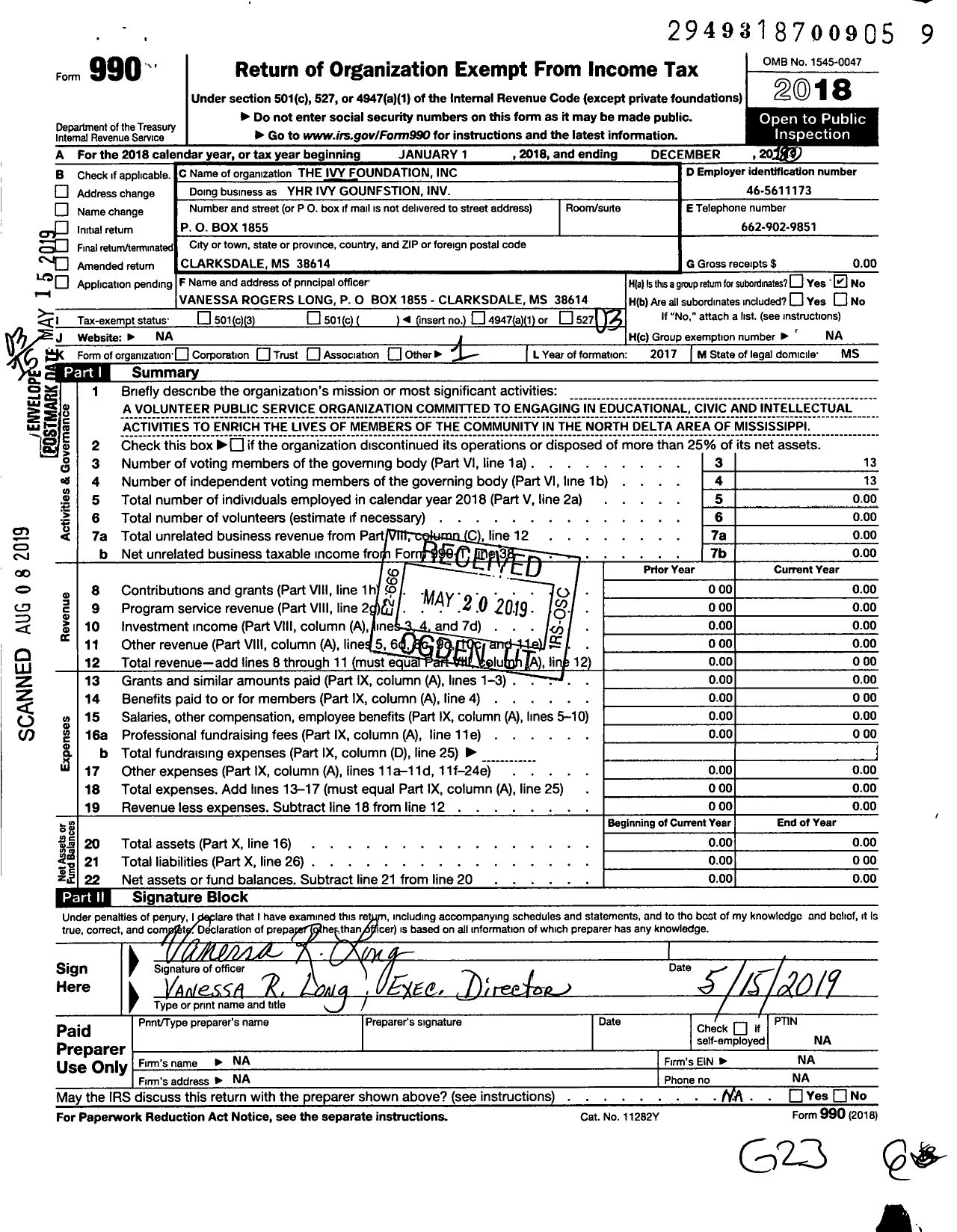 Image of first page of 2018 Form 990 for The Ivy Foundation / Yhr Ivy Gounfstion Inv